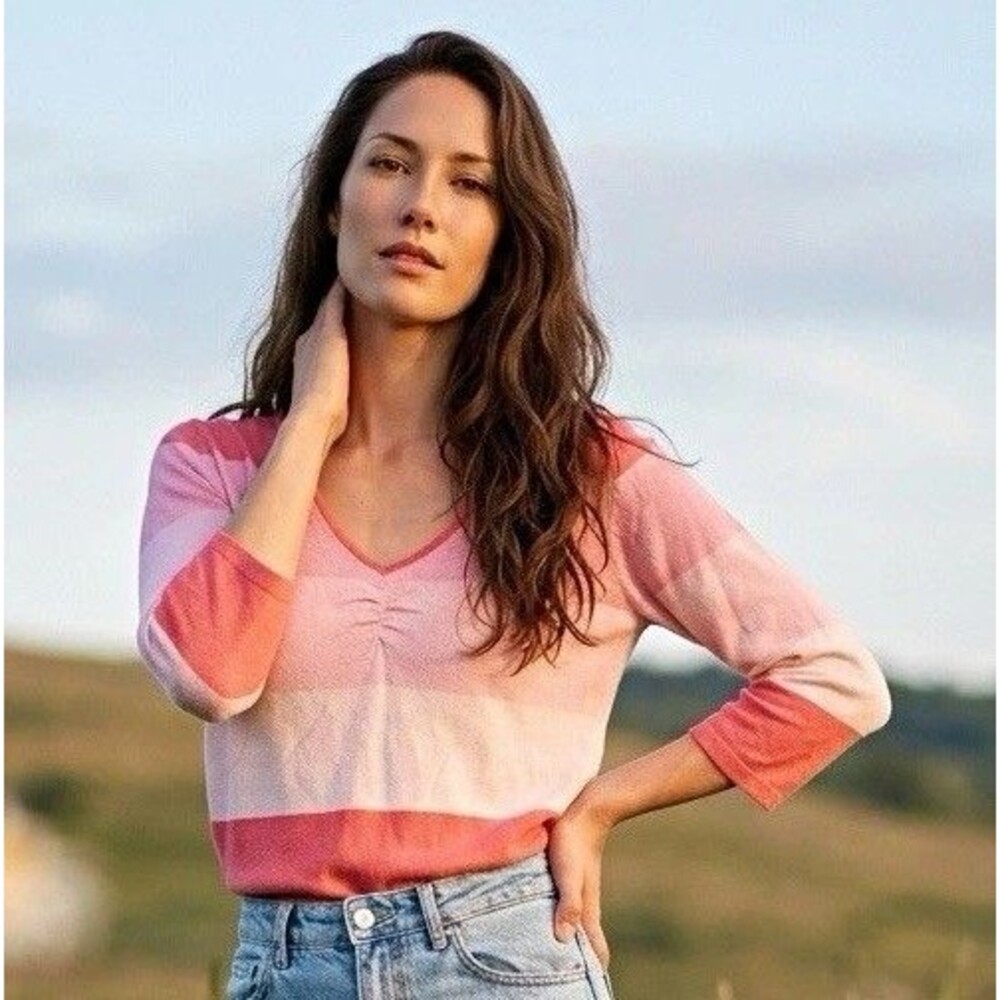 Covington Womens Pink White Striped Ruched Knit V-Neck Pullover Sweater 3/4 L
